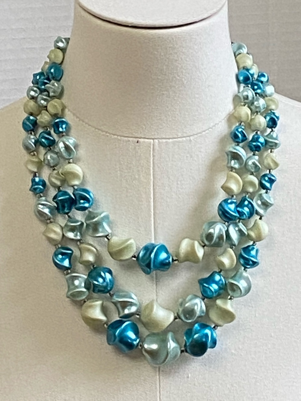 Vtg 1960s Triple Strand UV Reactive Lucite Melon Twist Necklace - “Oceanic”